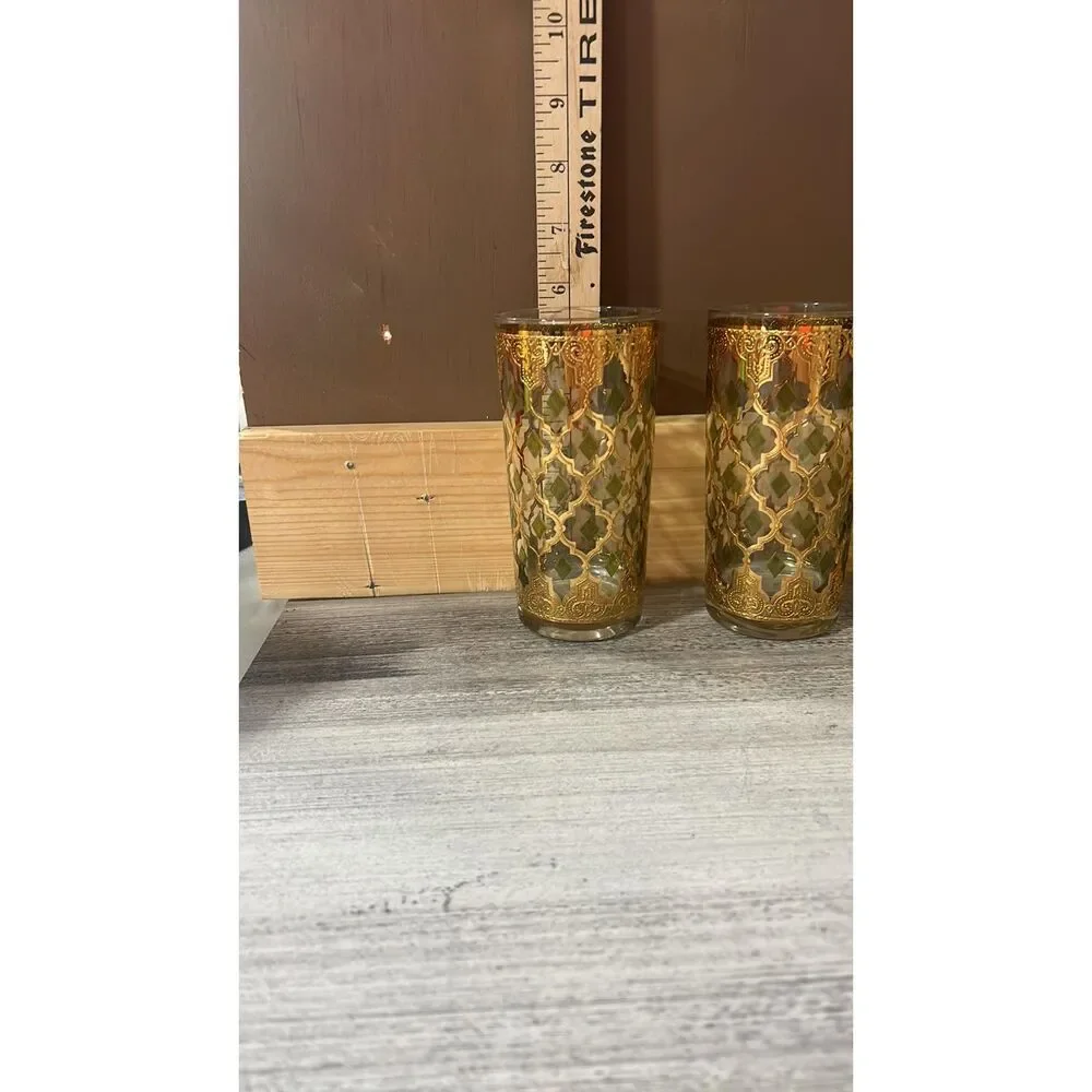 Vintage 4 Culver Valencia 22kt. Gold Green Highball Glasses